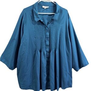 Woman Within Pintuck Blouse Spring Casual Boho Top Teal Size 3X